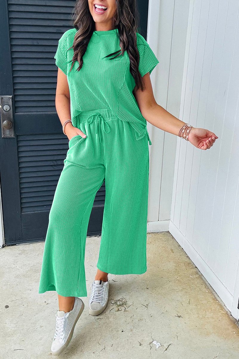 Bright Green Solid Corded Knit Short Sleeve T Shirt Set
