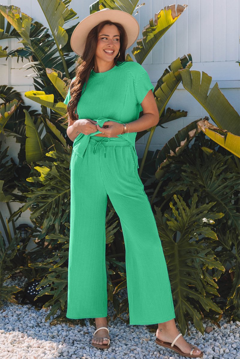 Bright Green Solid Corded Knit Short Sleeve T Shirt Set