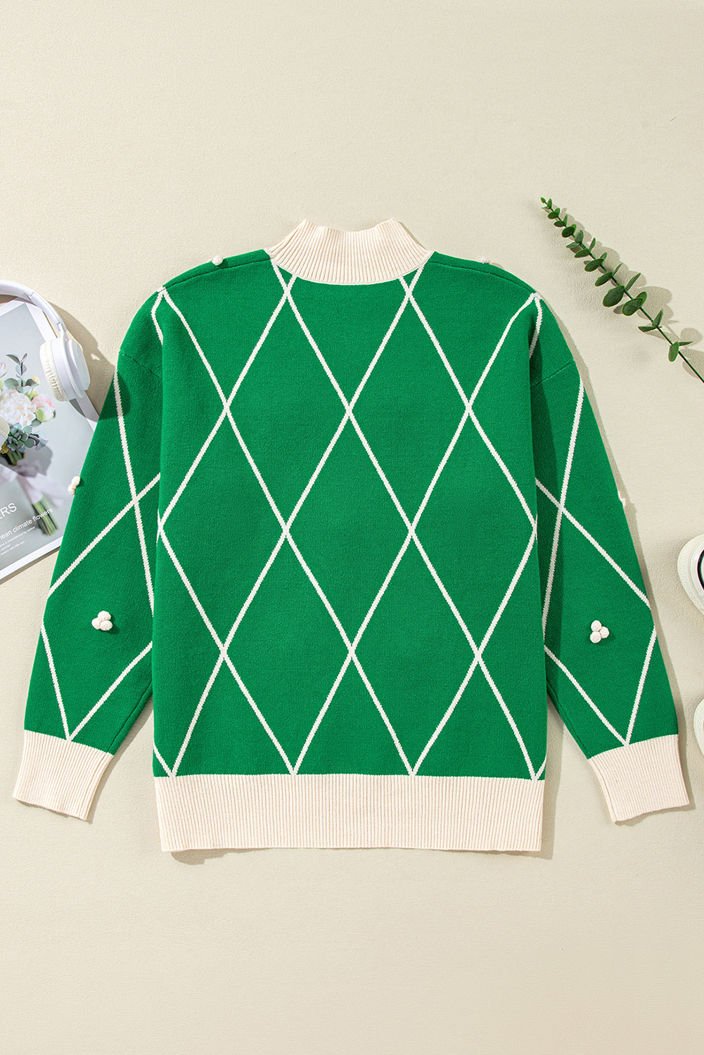 Premium Diamond Pattern High Neck Christmas Sweater with Pom Pom Accents