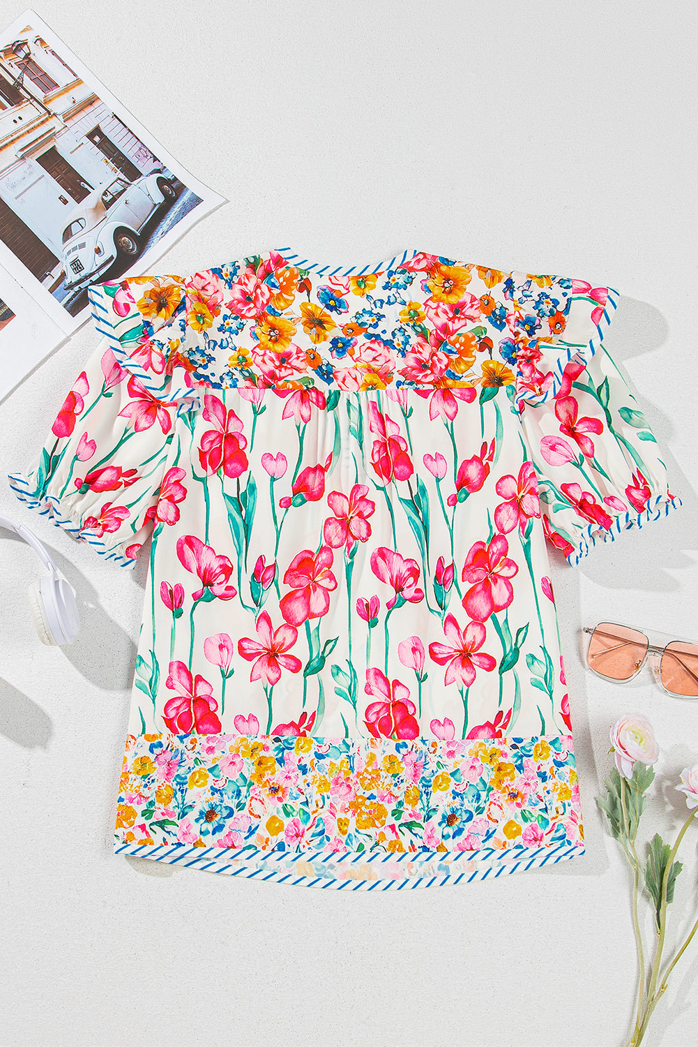 Premium Greta Floral Split Neck Short Sleeve Blouse with Striped Trim