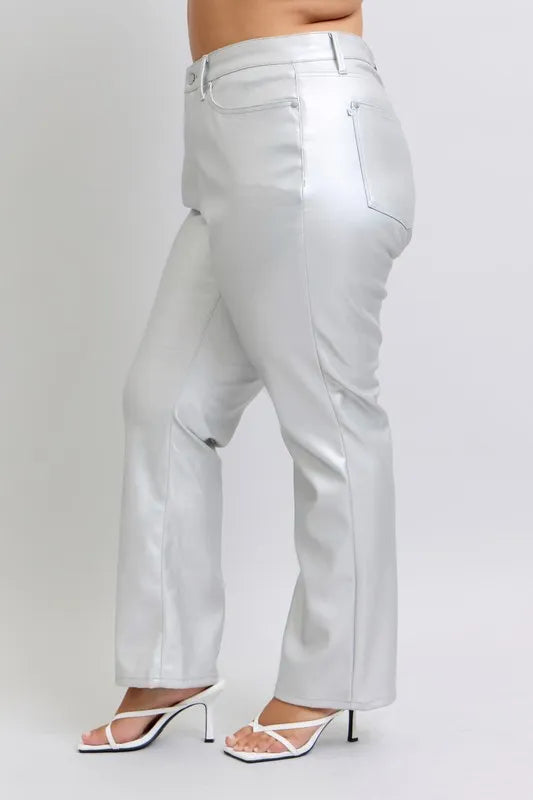 High Waist Silver Faux Leather Pants