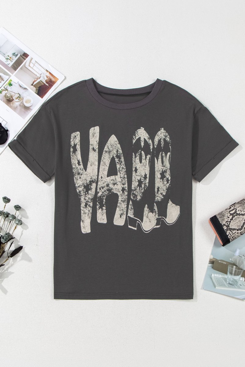 Carbon Grey Vintage Yall Cowboy Boots Graphic Tee Shirt