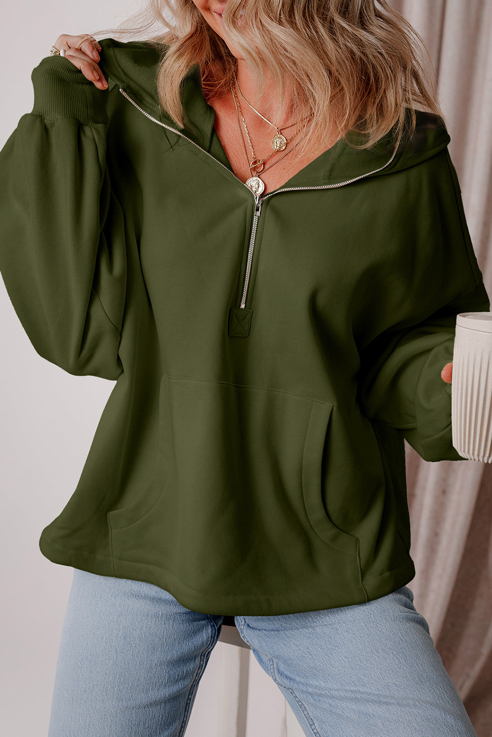 Premium Kate Fleece Lined Half Zipper Hoodie with Kangaroo Pockets