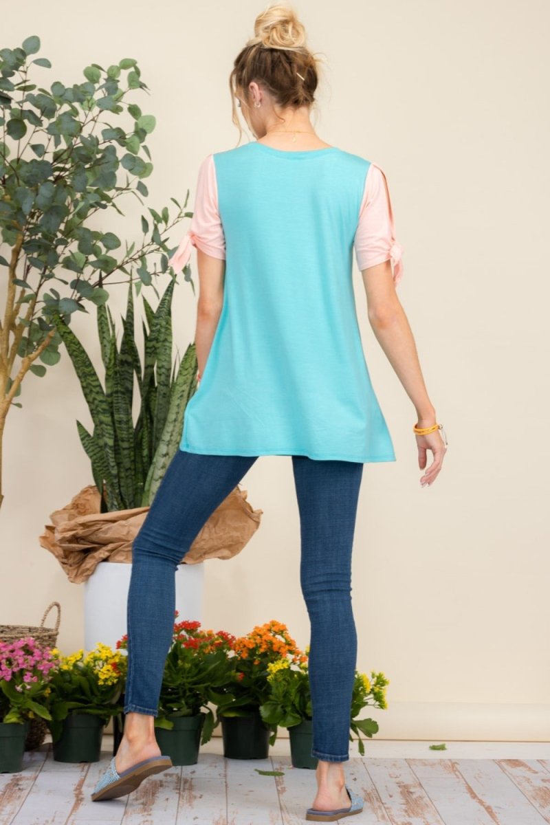 Celeste Full Size Open Tie Sleeve Floral Contrast Top Tunic