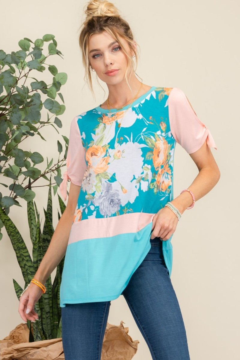 Celeste Full Size Open Tie Sleeve Floral Contrast Top Tunic