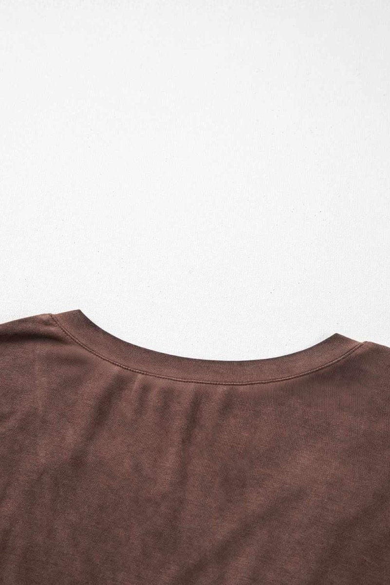 Chestnut Criss Cross V Neck Casual Tee with Unique Mineral Wash