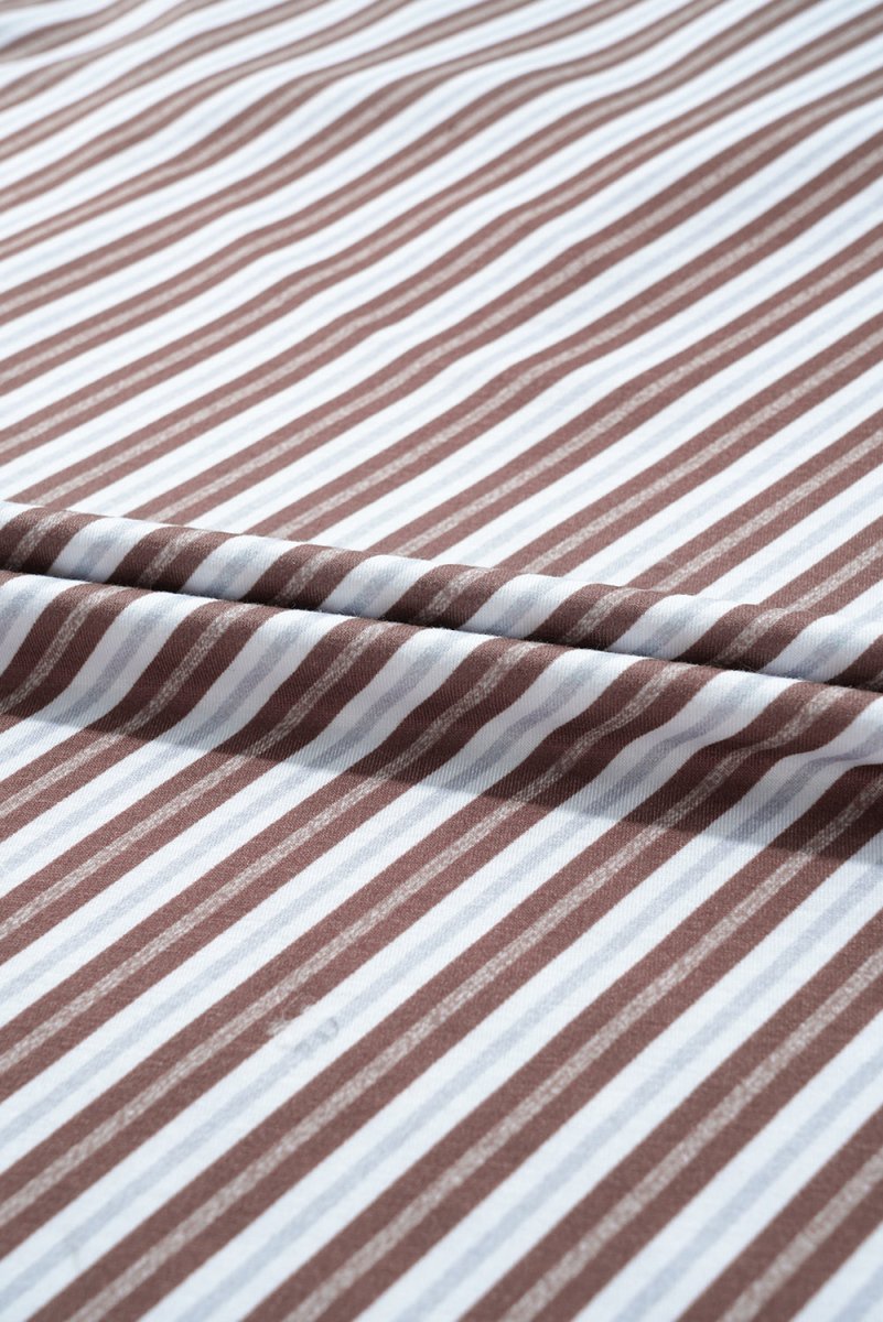 Chestnut Striped Stand V Neck Short Sleeve Blouse for Women