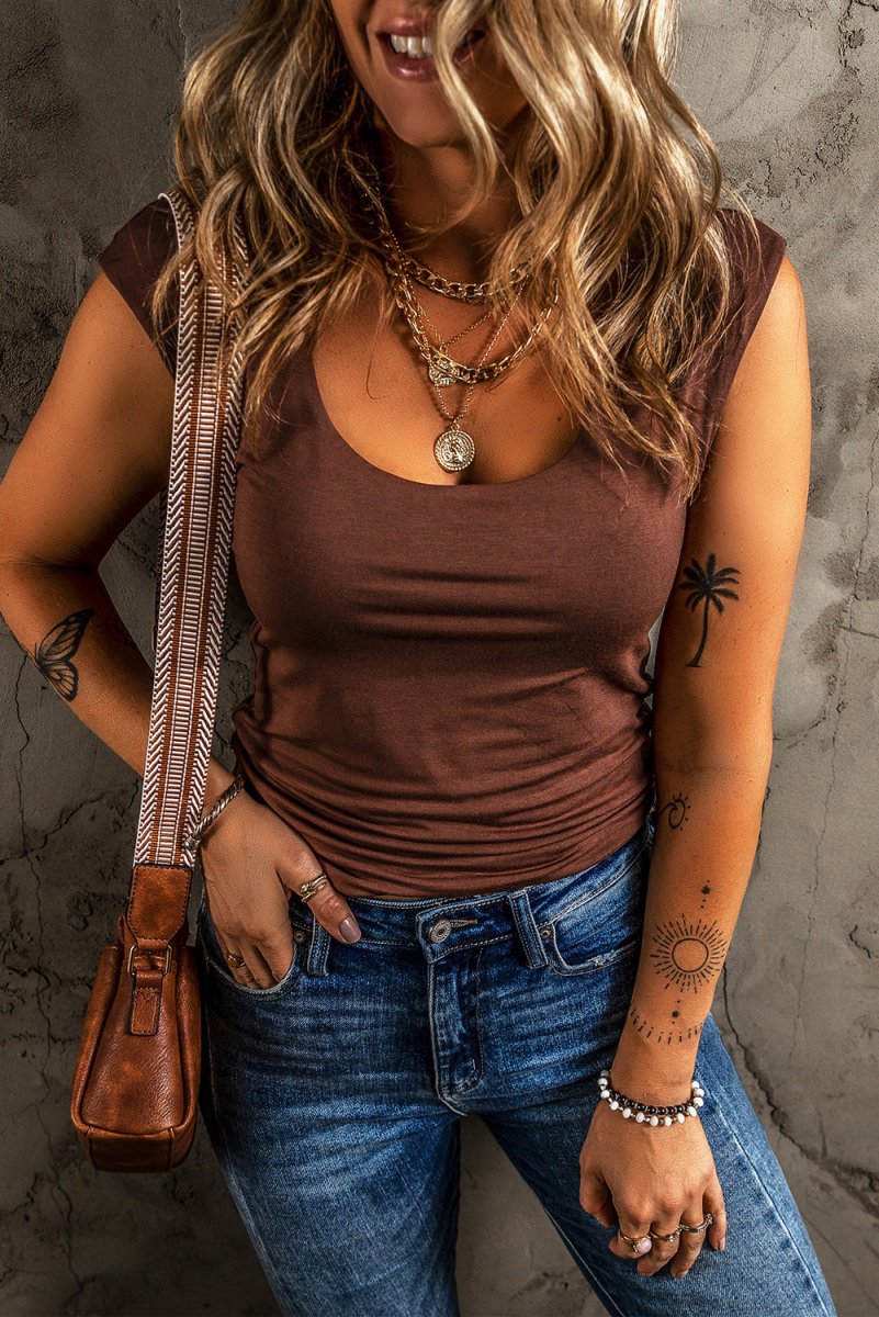 Coffee Solid Color U Neck Slim Fit Tank Top for Women