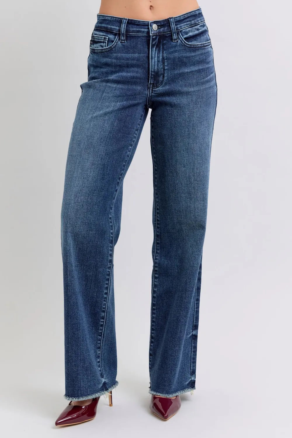 Raw Hem Mid Rise Jeans - Women's Stretch Denim with Frayed Hem