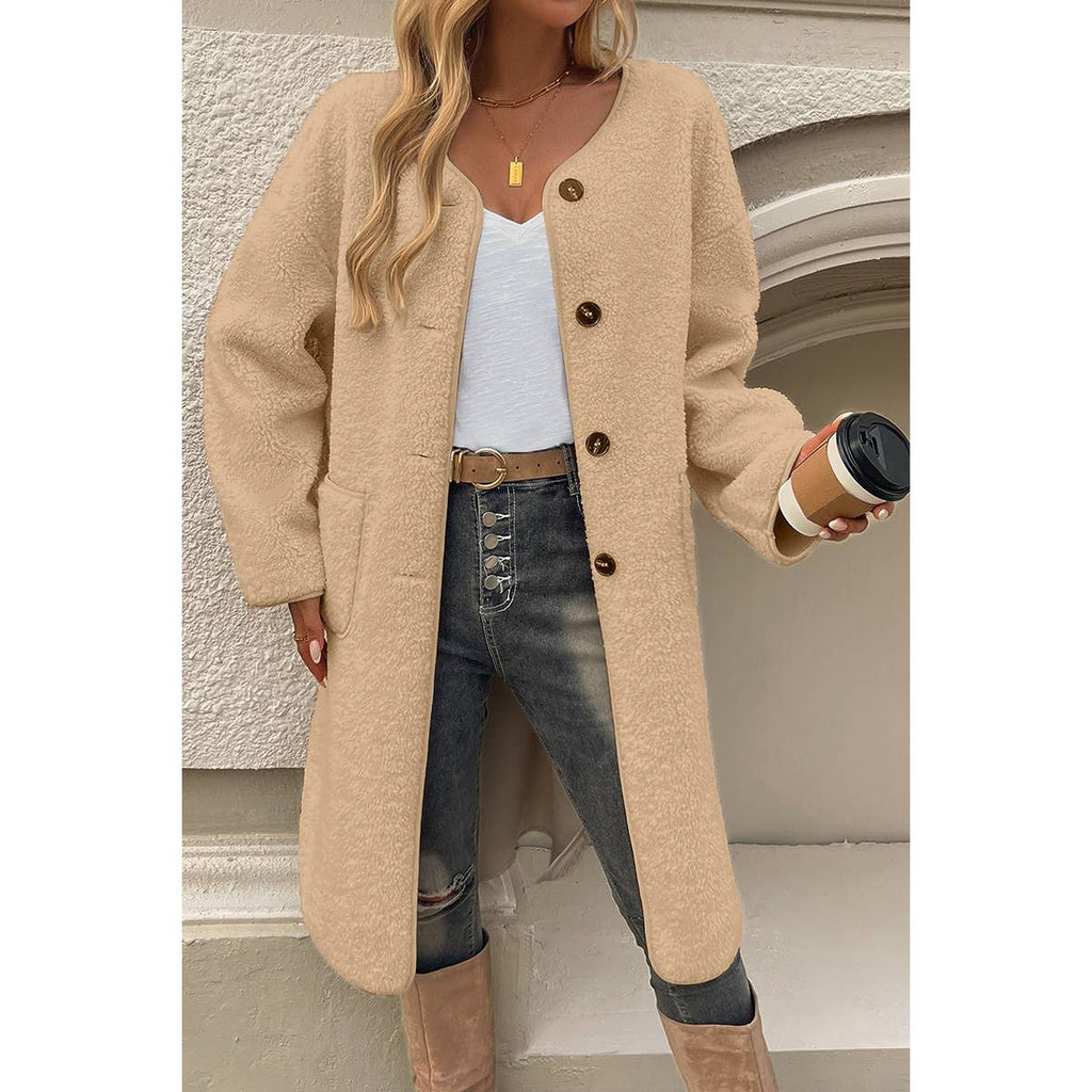 Solid Fuzzy Long Body Button Down Pockets Coat