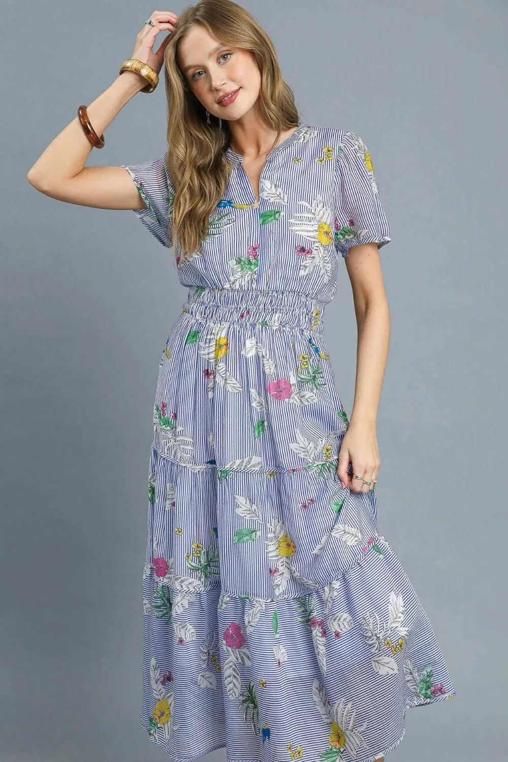 Smocked Waist Floral Short Sleeve Midi Dress