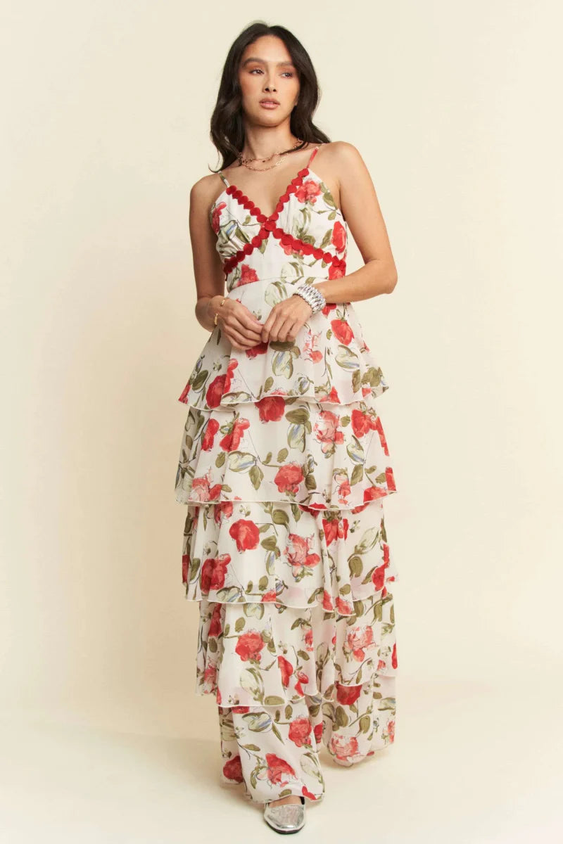 Davi & Dani Contrast Ring Lace Layered Ruffle Maxi Dress