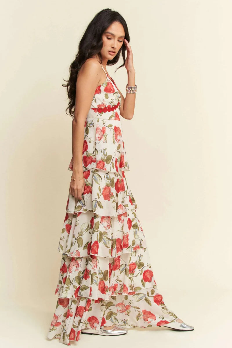 Davi & Dani Contrast Ring Lace Layered Ruffle Maxi Dress