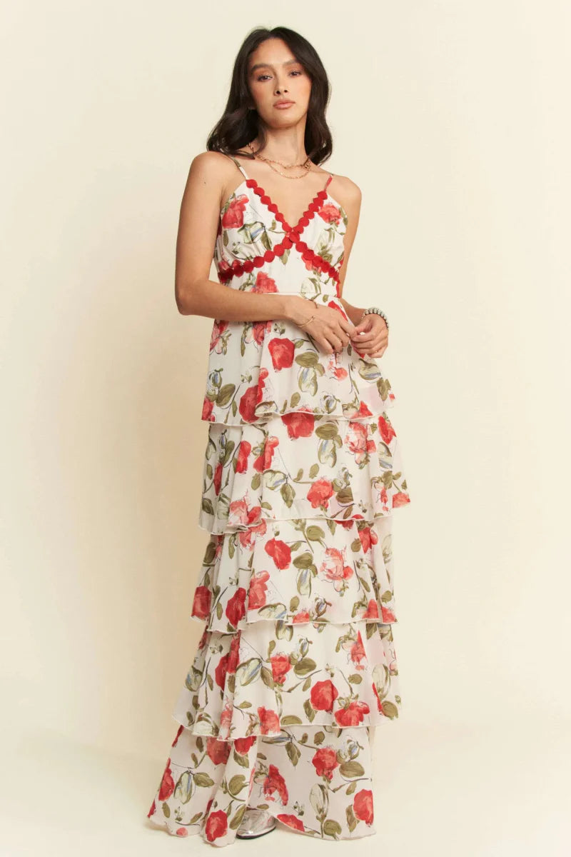 Davi & Dani Contrast Ring Lace Layered Ruffle Maxi Dress