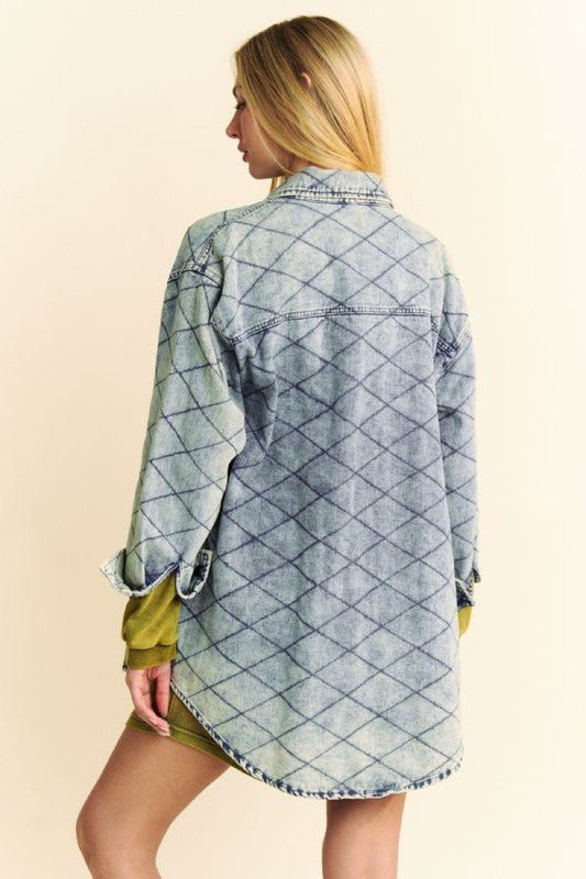 Premium Davi & Dani Curved Hem Diamond Quilted Button Up Denim Shacket