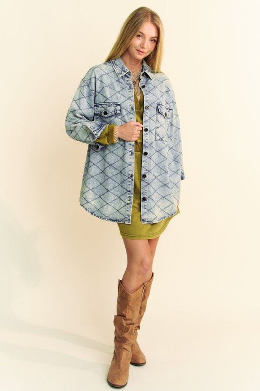 Premium Davi & Dani Curved Hem Diamond Quilted Button Up Denim Shacket