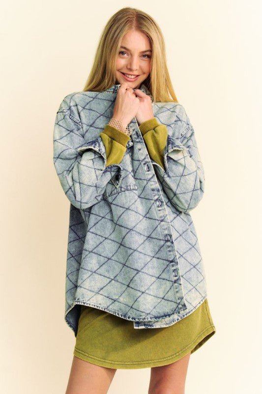 Premium Davi & Dani Curved Hem Diamond Quilted Button Up Denim Shacket