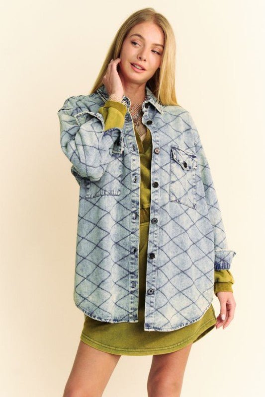 Premium Davi & Dani Curved Hem Diamond Quilted Button Up Denim Shacket