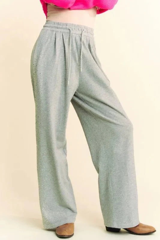 Davi & Dani Rhinestone Elastic Waist Wide Leg Pants For Women