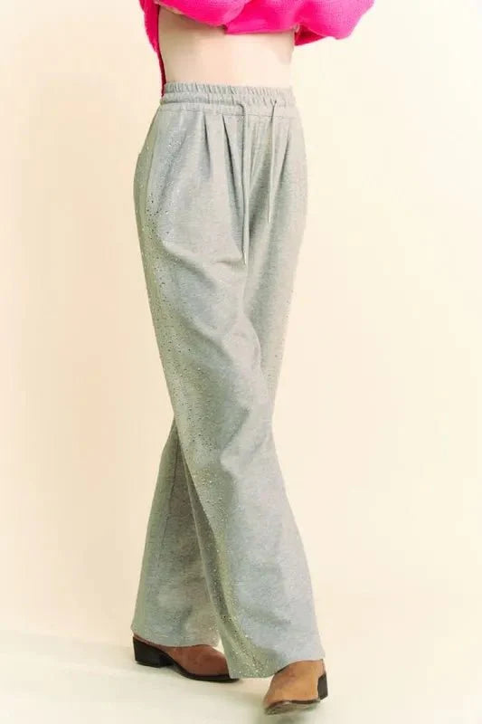 Davi & Dani Rhinestone Elastic Waist Wide Leg Pants For Women