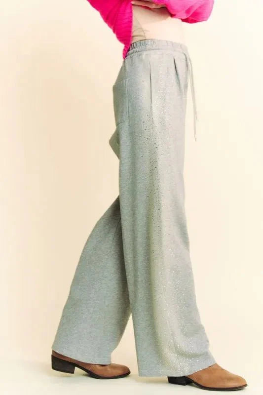 Davi & Dani Rhinestone Elastic Waist Wide Leg Pants For Women