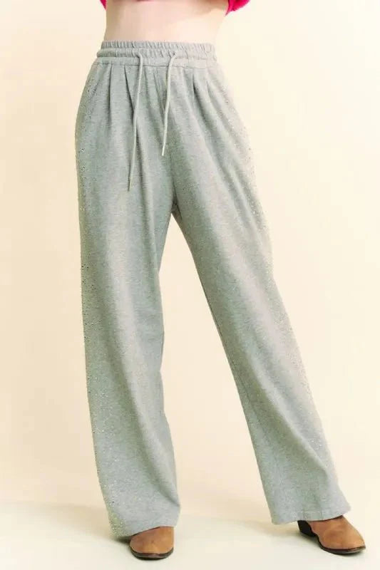 Davi & Dani Rhinestone Elastic Waist Wide Leg Pants For Women