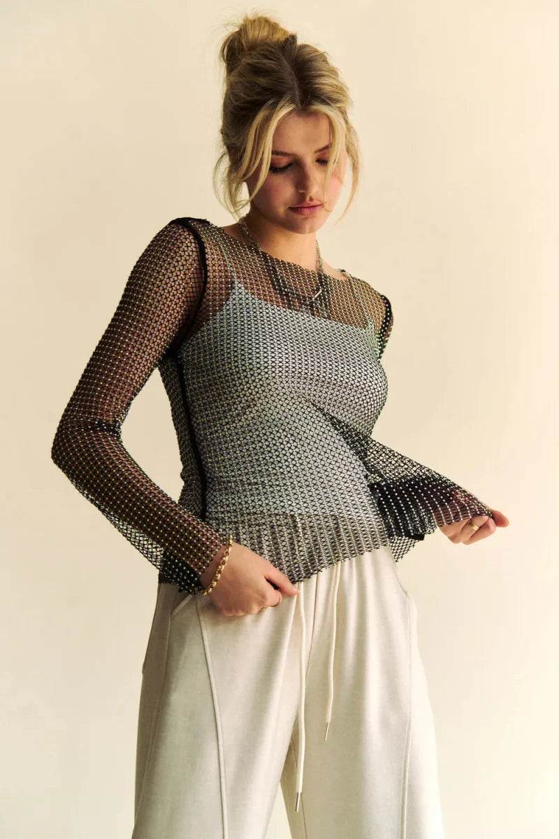 Davi & Dani Sparkling Rhinestone Sheer Mesh Round Neck Top