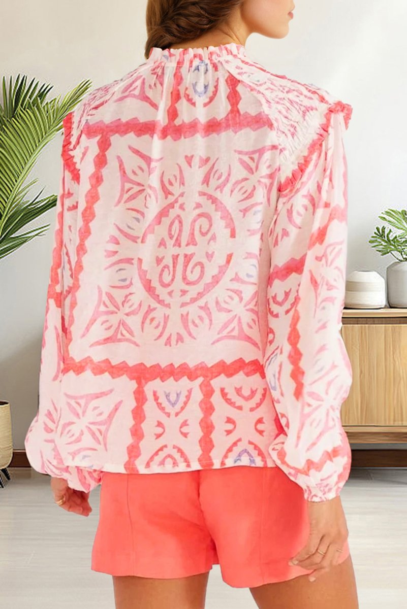 Desert Flower Vintage Print Smocked Poet Collar Blouse
