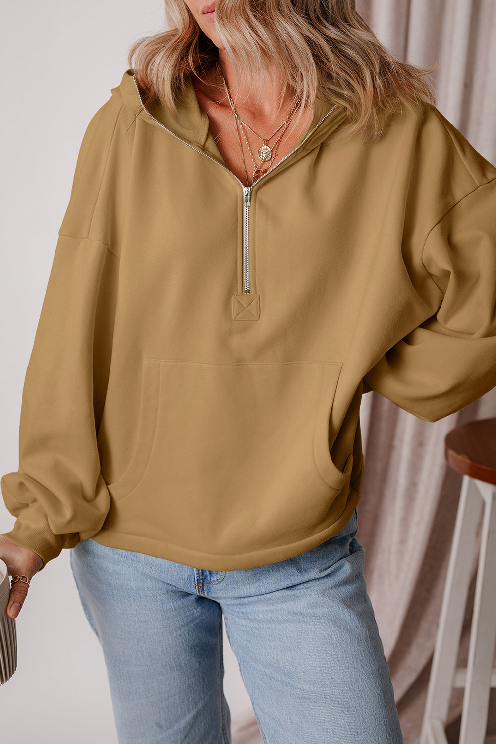 Premium Kate Fleece Lined Half Zipper Hoodie with Kangaroo Pockets