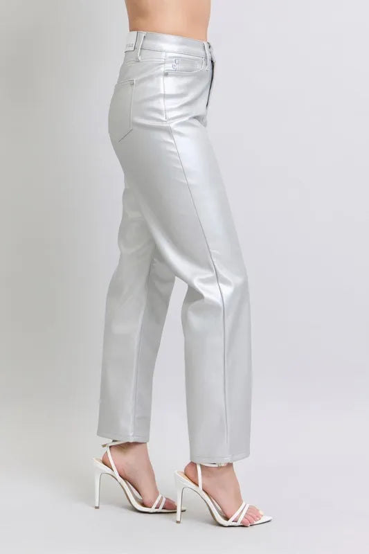 High Waist Silver Faux Leather Pants