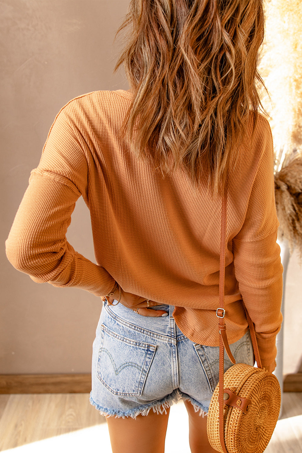 Premium Camila Waffle Knit Long Sleeve Henley Top for Women