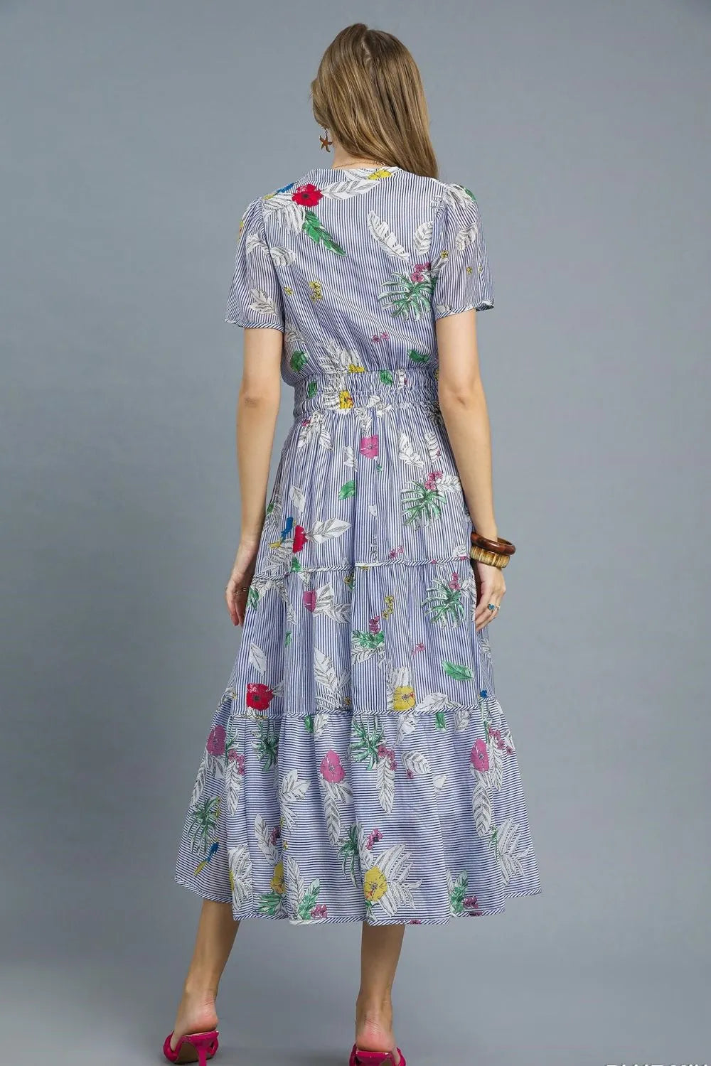 Smocked Waist Floral Short Sleeve Midi Dress
