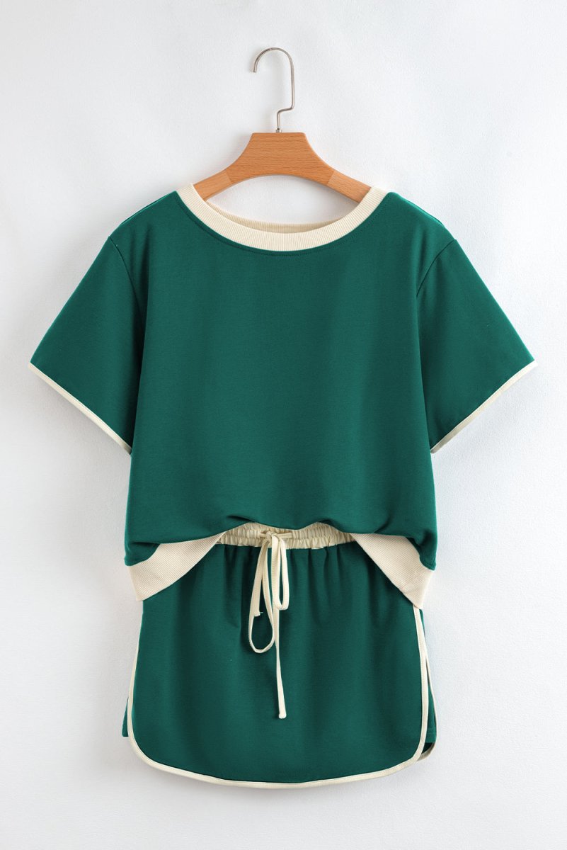 Evergreen Colorblock Edge Drop Shoulder T Shirt and Skort Set