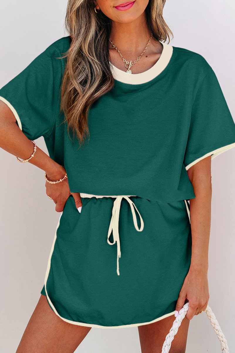 Evergreen Colorblock Edge Drop Shoulder T Shirt and Skort Set