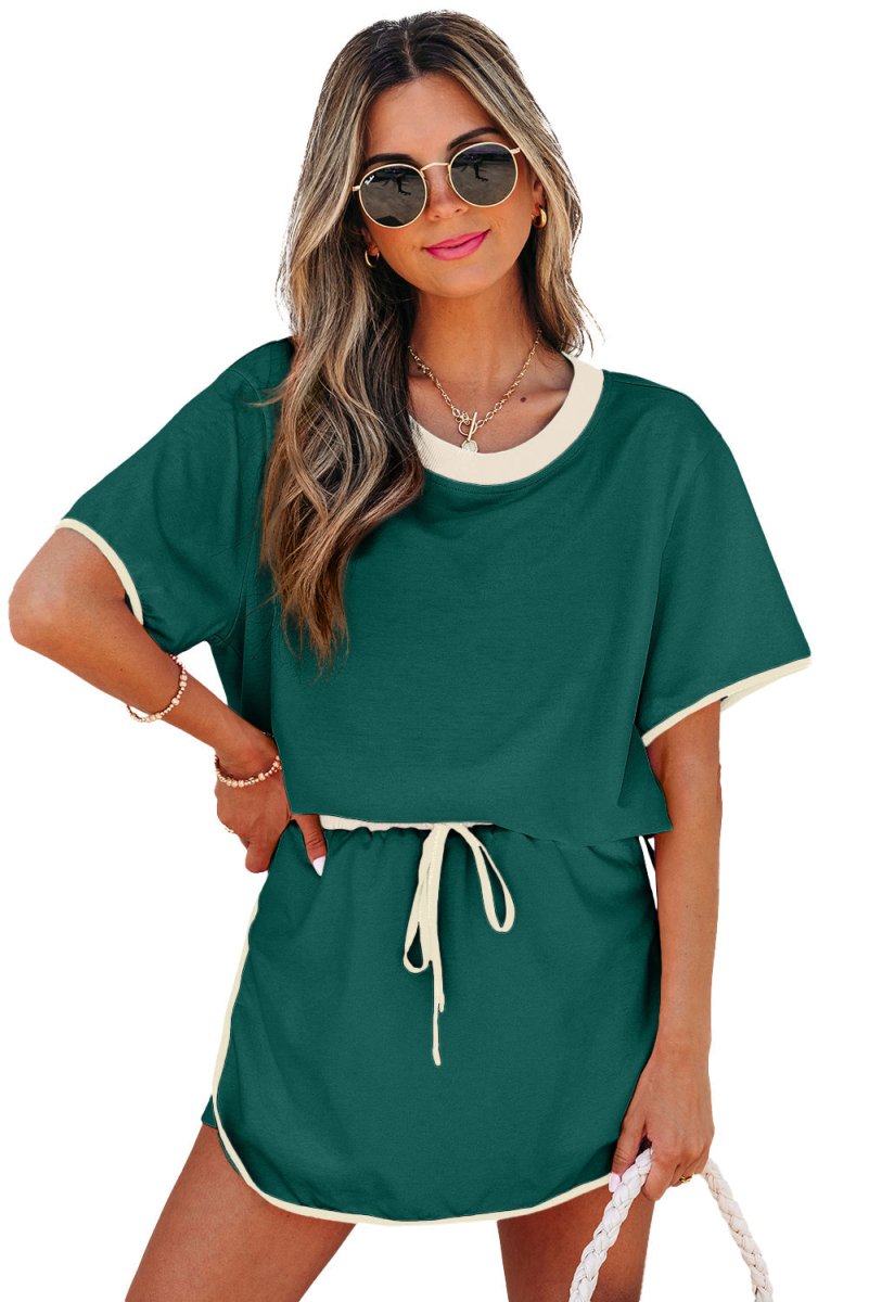 Evergreen Colorblock Edge Drop Shoulder T Shirt and Skort Set