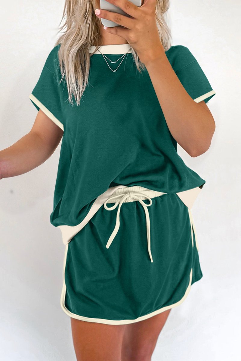 Evergreen Colorblock Edge Drop Shoulder T Shirt and Skort Set