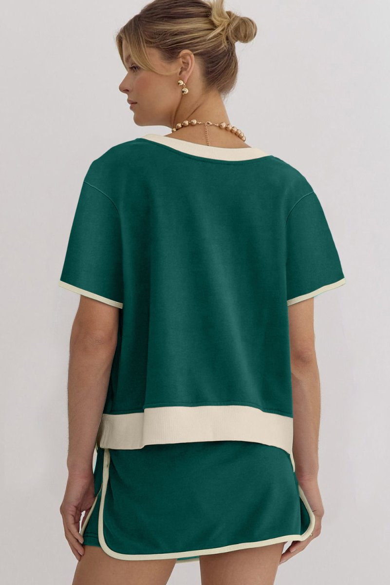 Evergreen Colorblock Edge Drop Shoulder T Shirt and Skort Set