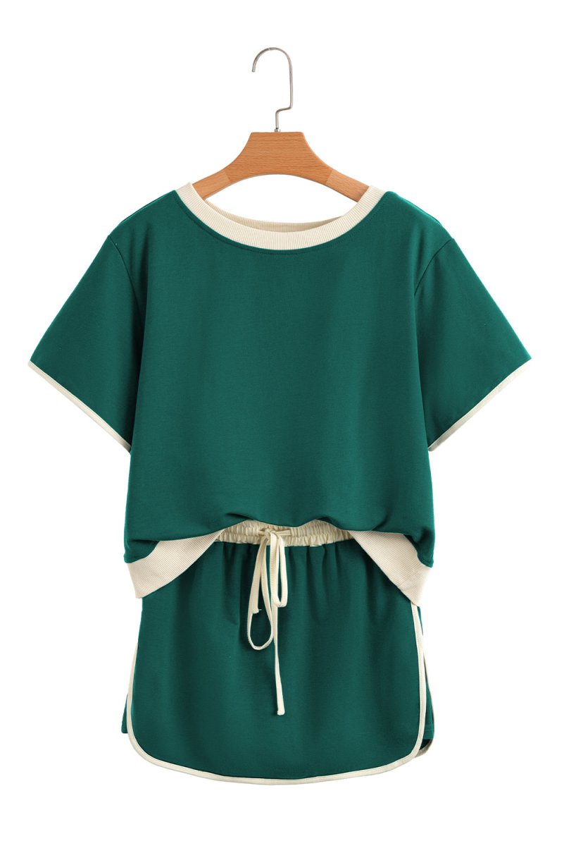 Evergreen Colorblock Edge Drop Shoulder T Shirt and Skort Set