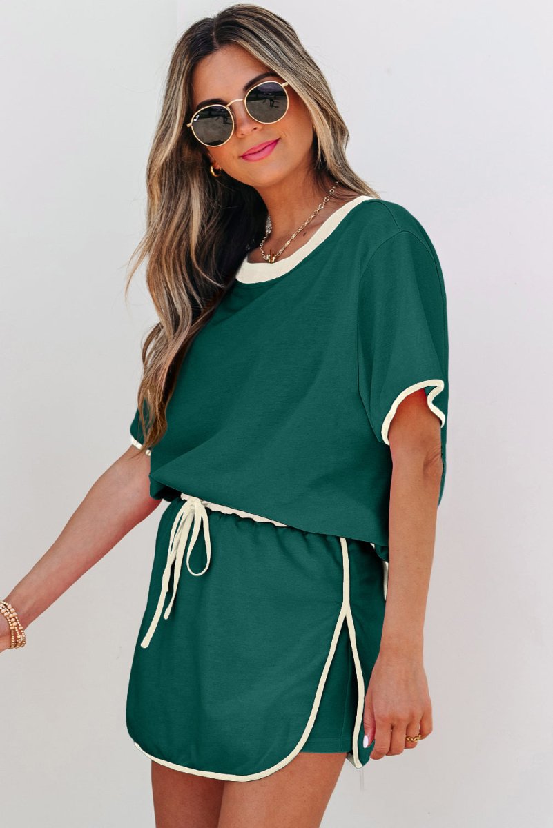 Evergreen Colorblock Edge Drop Shoulder T Shirt and Skort Set
