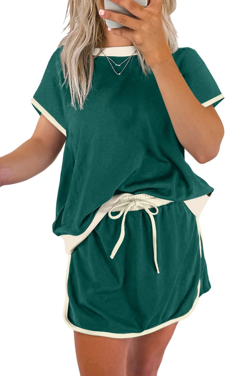 Evergreen Colorblock Edge Drop Shoulder T Shirt and Skort Set