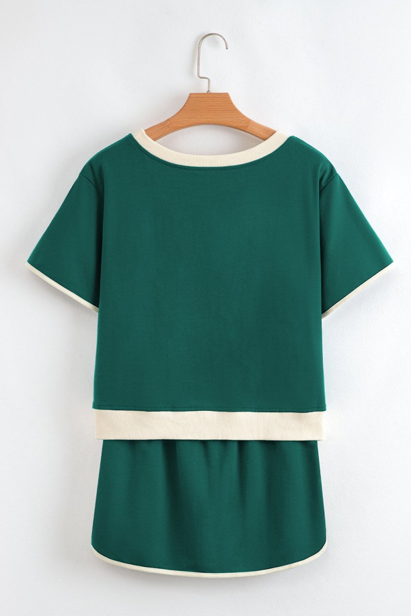 Evergreen Colorblock Edge Drop Shoulder T Shirt and Skort Set