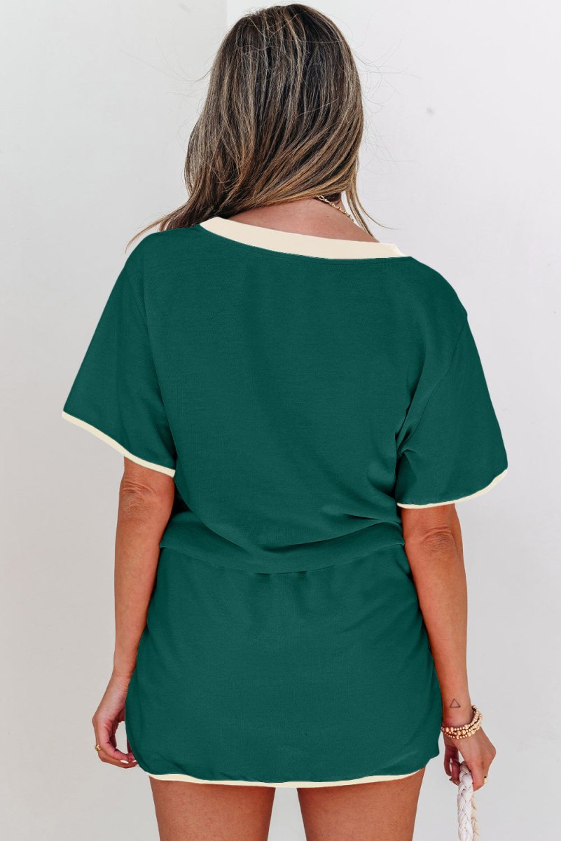 Evergreen Colorblock Edge Drop Shoulder T Shirt and Skort Set