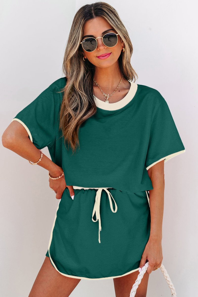 Evergreen Colorblock Edge Drop Shoulder T Shirt and Skort Set