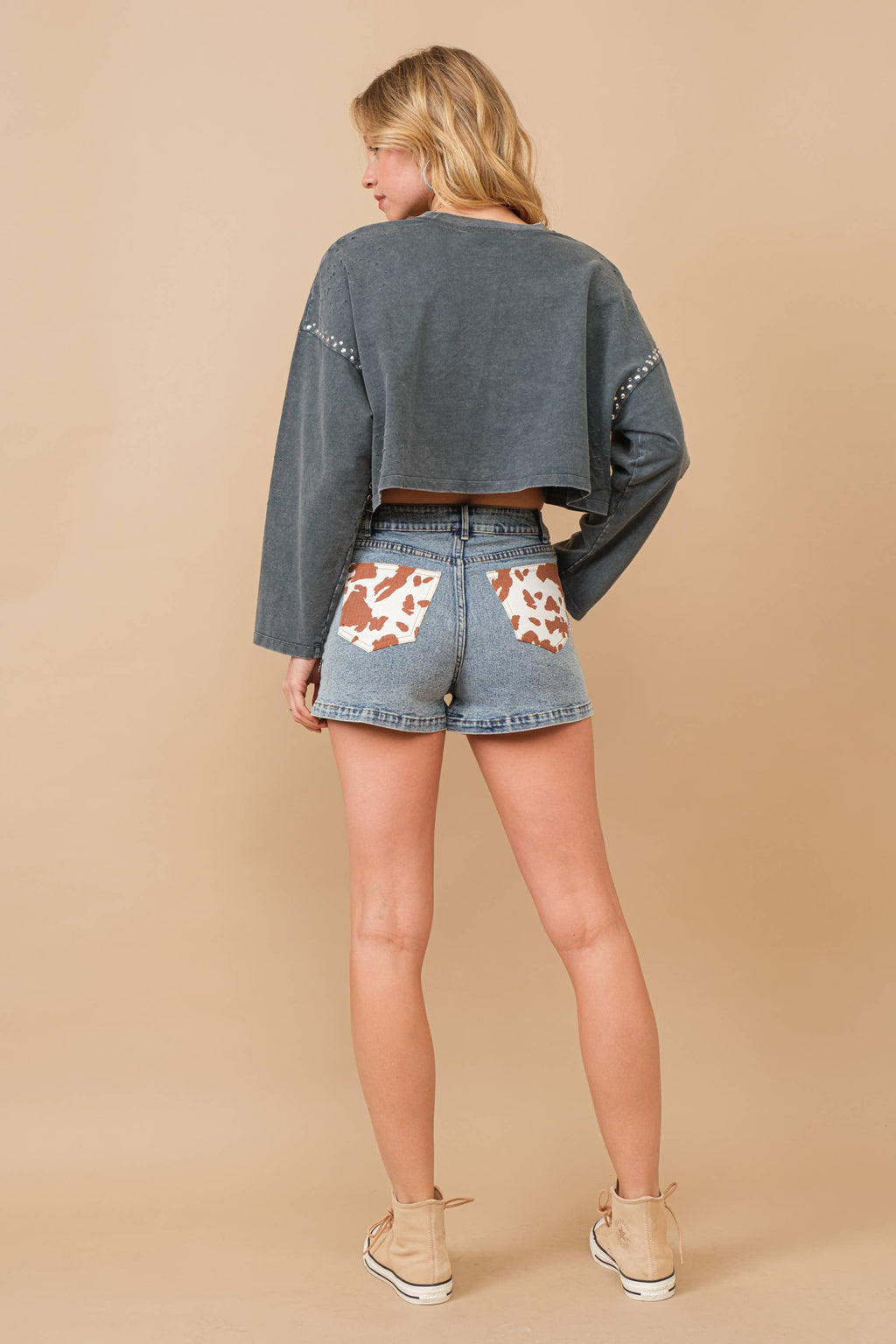 Cow Print Pocket Back Denim Shorts