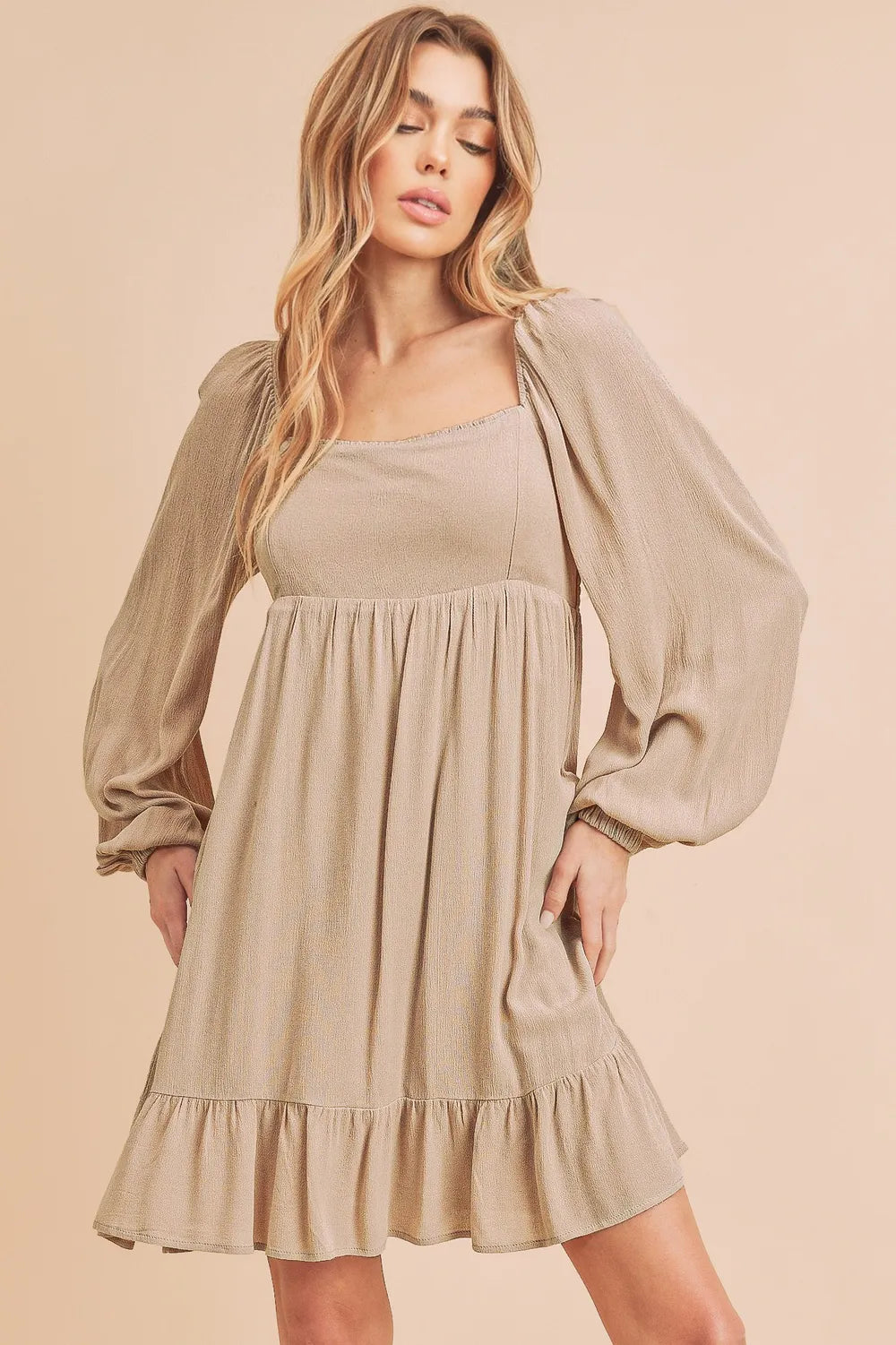 Ruffled Hem Square Neck Balloon Sleeve Mini Dress