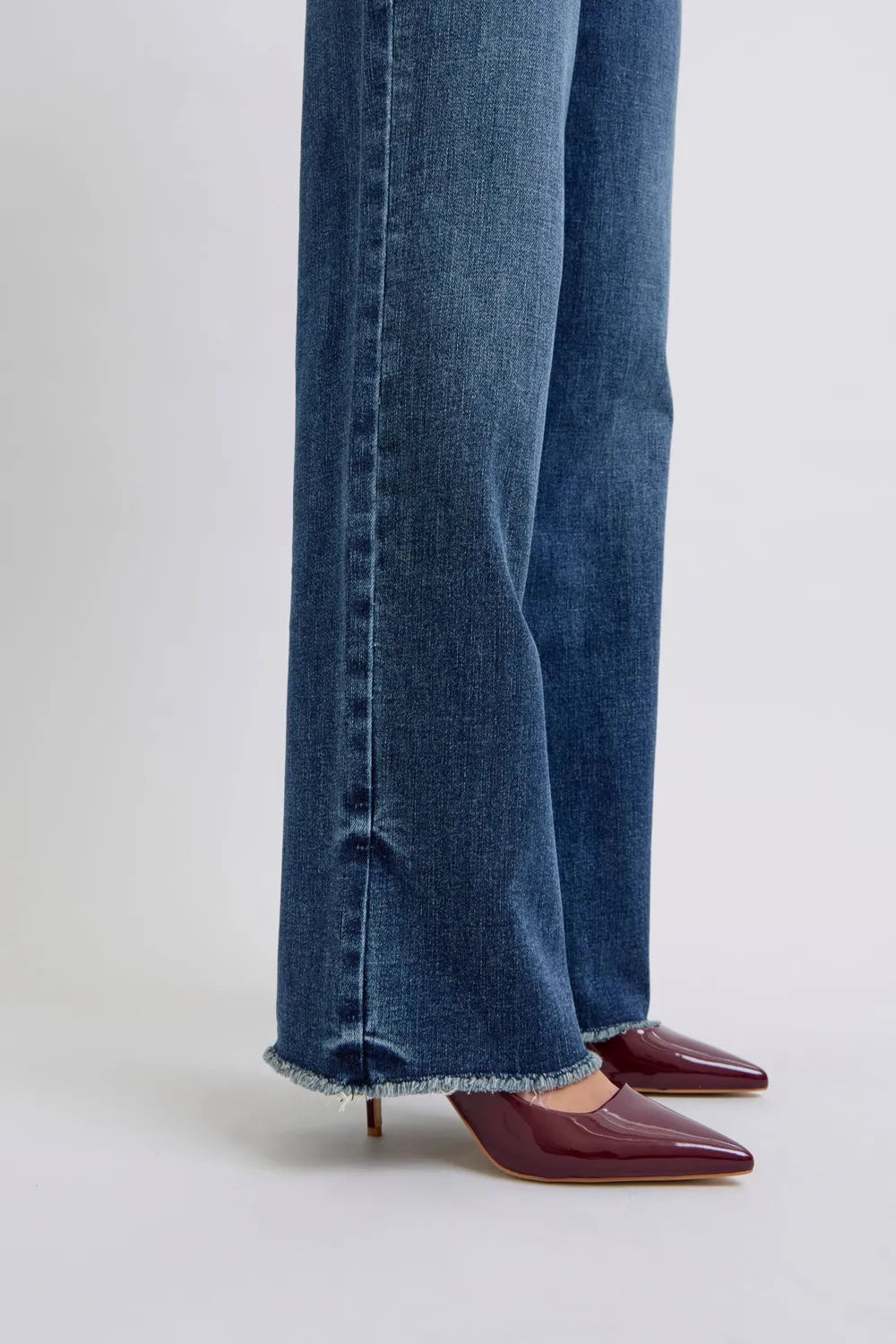 Raw Hem Mid Rise Jeans - Women's Stretch Denim with Frayed Hem