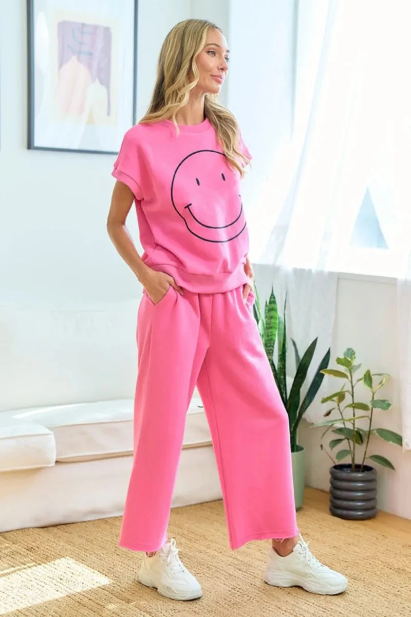 First Love Smile Face Drop Shoulder Brushed T-Shirt