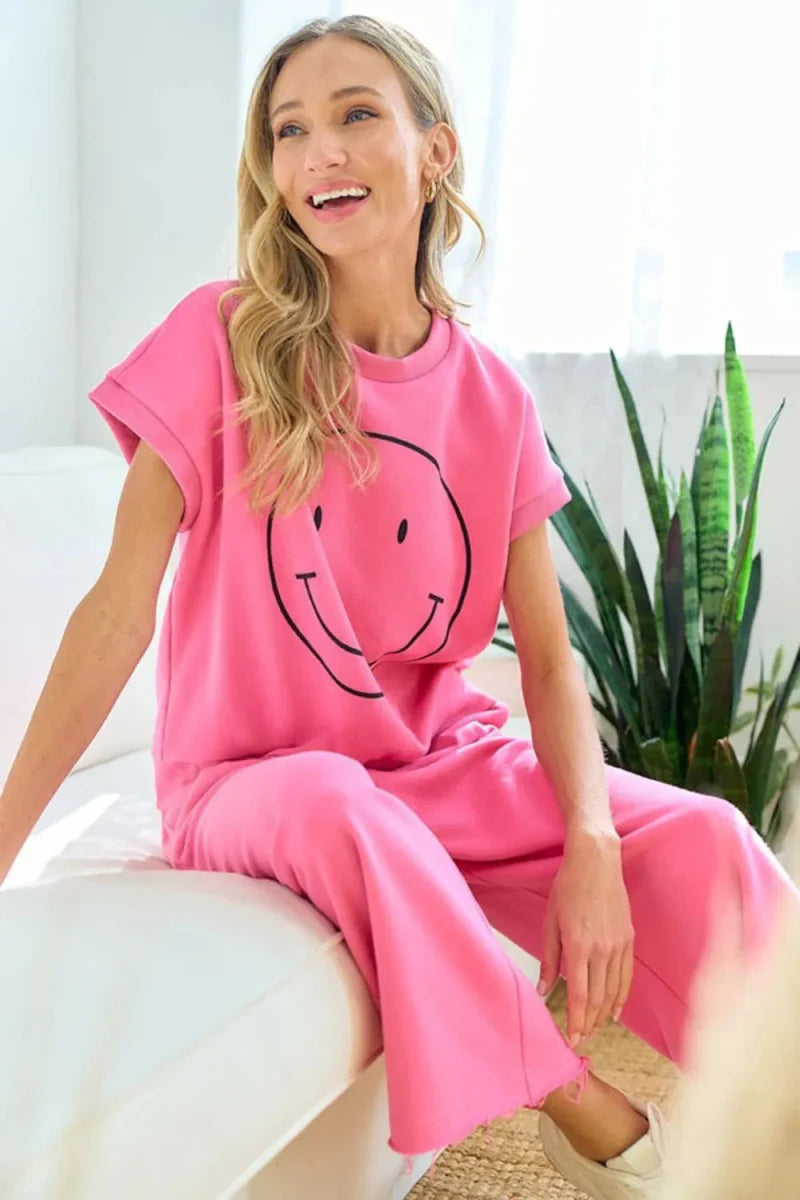 First Love Smile Face Drop Shoulder Brushed T-Shirt