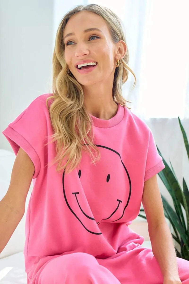 First Love Smile Face Drop Shoulder Brushed T-Shirt