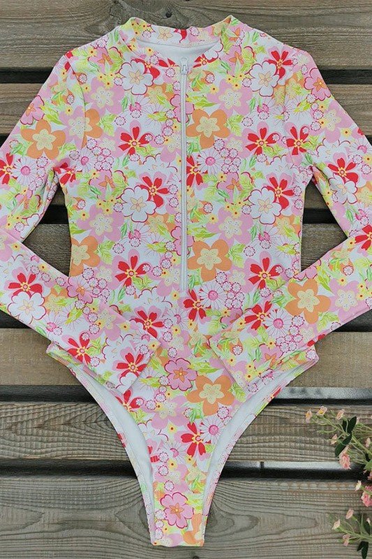 Floral Print One Piece Long Sleeve UPF50 Swimsuit for Women